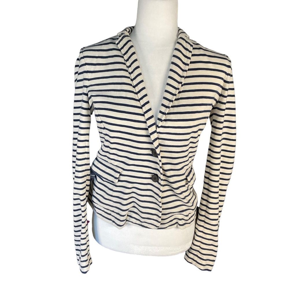 J. Crew Navy Blue Off White Nautical Maritime Striped Cotton Knit Blazer Sz XS